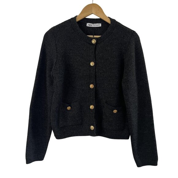 Zara Sweaters - Zara Sweater Womens Large Gray Knit Wool Blend Cardigan Gold Button Pockets New